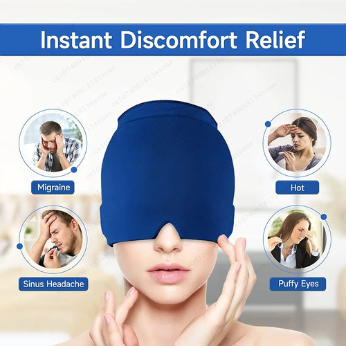 Migraine relief cold therapy cap covering forehead, temples and eyes
