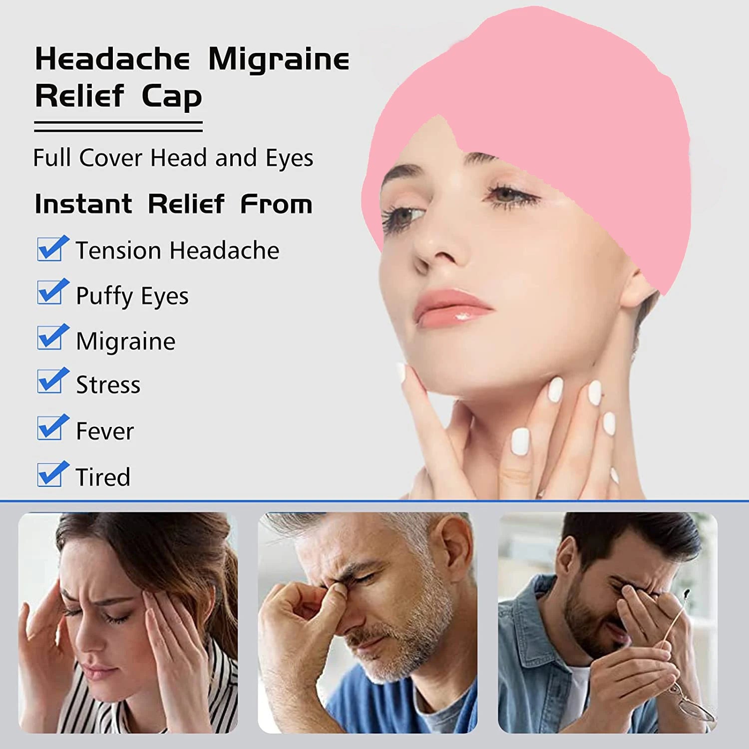 FrostRelief cold therapy cap blocking light during migraine light sensitivity