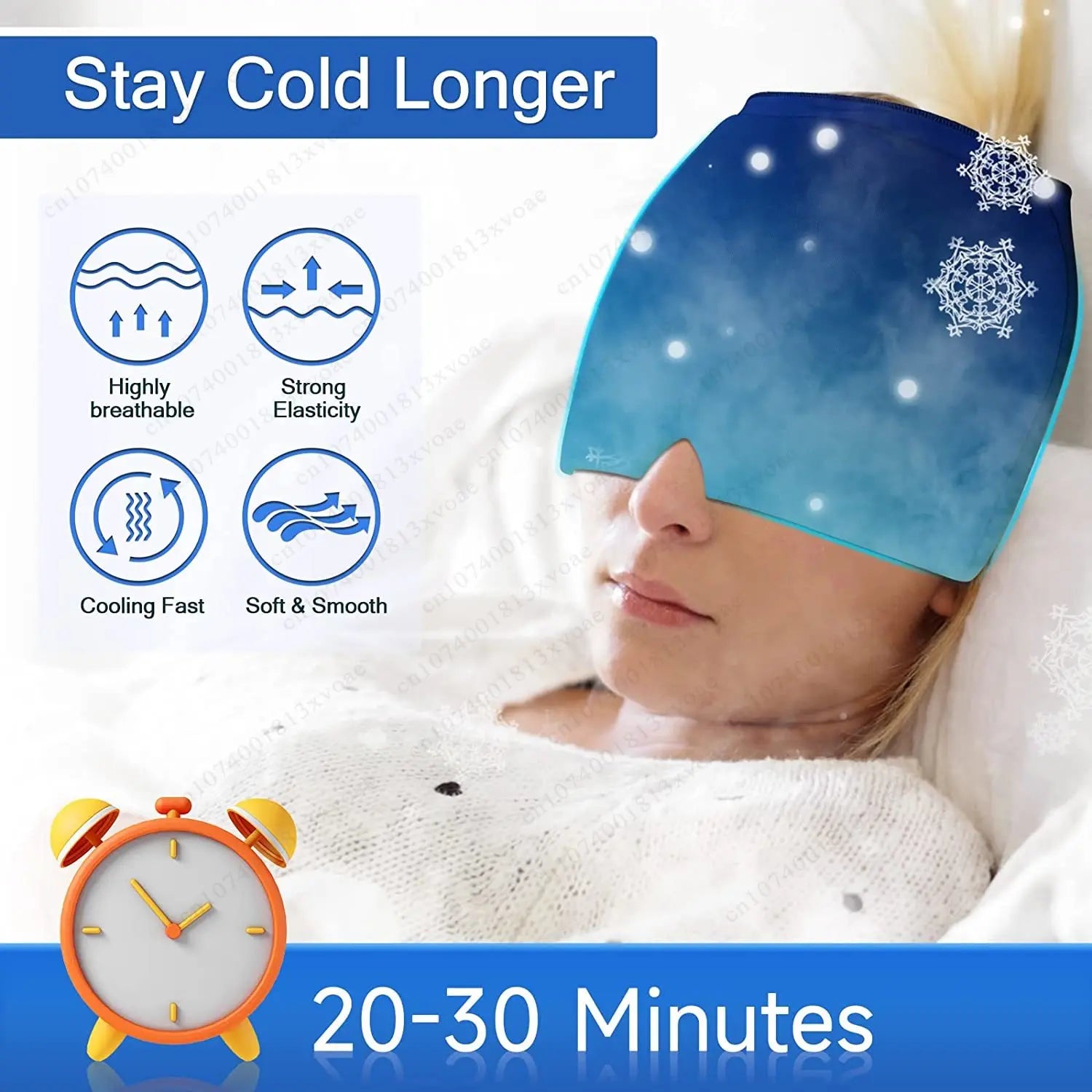 Person wearing FrostRelief ice cap for natural migraine and headache relief